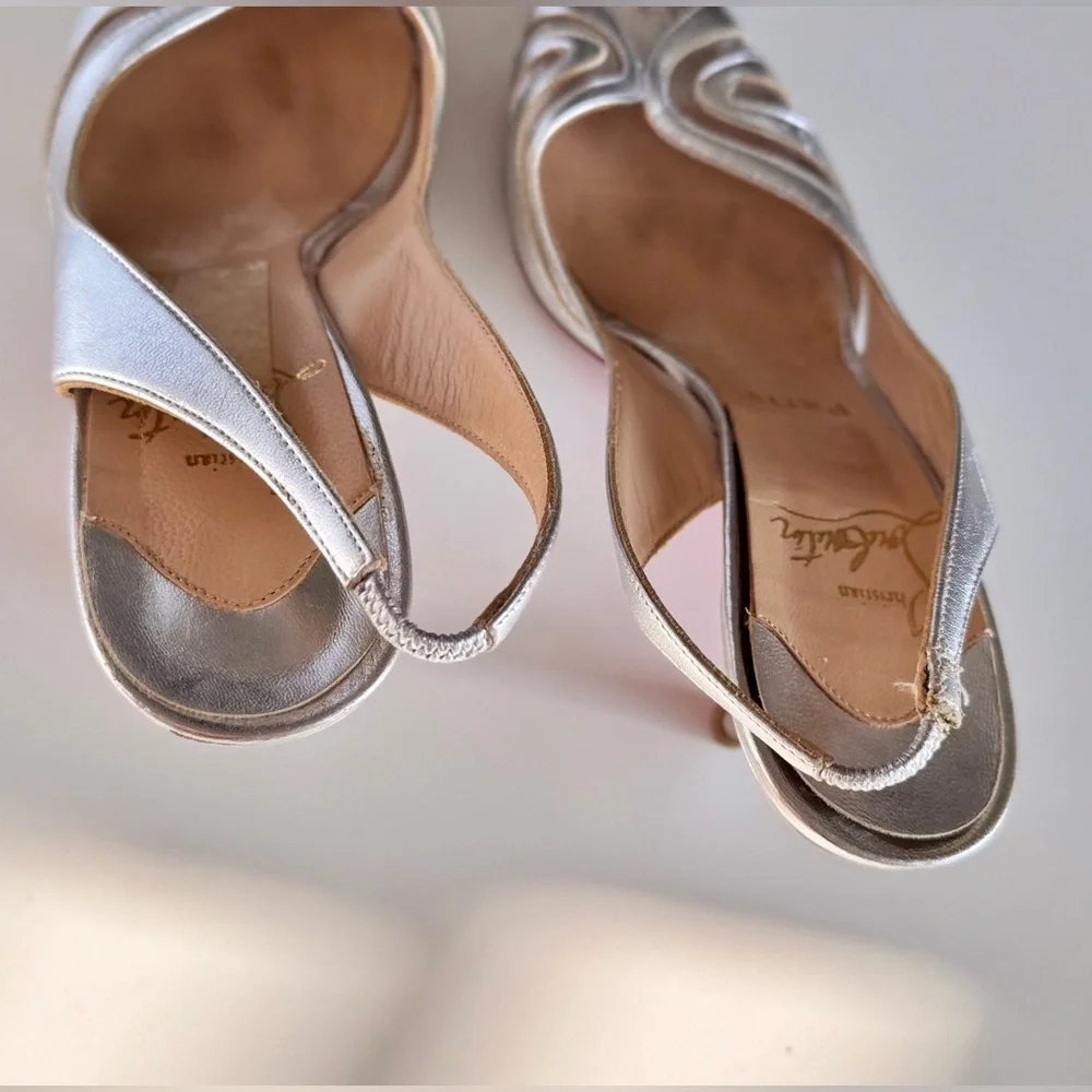CHRISTIAN LOUBOUTIN 3” Silver Leather Slingback Sandals High Heels Women’s Shoes
